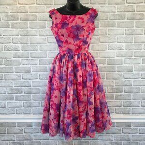 Vtg 50s Chiffon Taffeta Pink Floral Fit Flare Dress Retro Trad Pinup Rockabilly